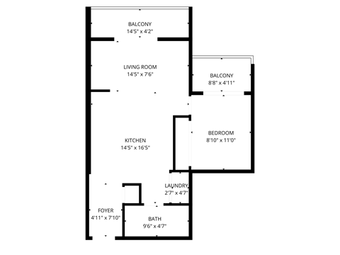 Floor plan for 1 bed, 1 bath, 602 sqft